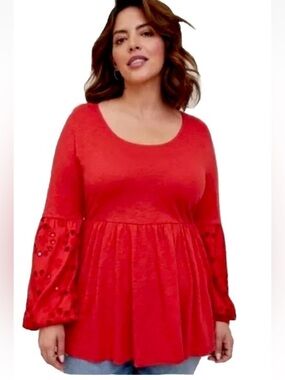 Torrid Top 1 Cute Red Cotton Modal Eyelet Sleeve Fairycore Babydoll Shirt Blouse